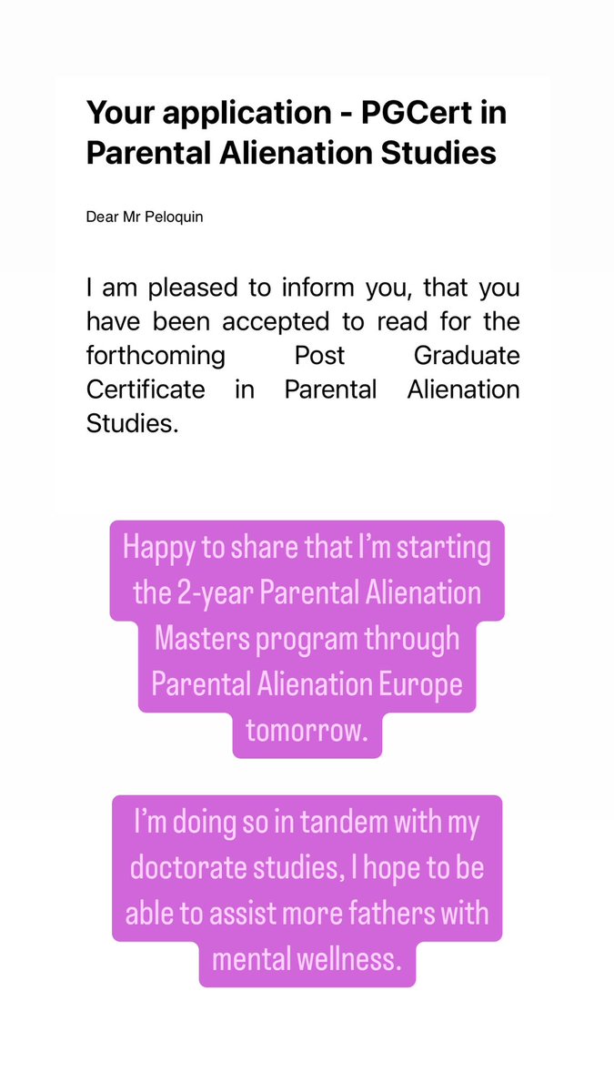 I received my acceptance notification yesterday for the Parental Alienation Master’s program!

So happy to kick off this journey!

#endparentalalienation 
#mensmentalhealth
#mensmentalhealthawareness
#mensmentalhealthmatters
#parentalalienation
#parentalalienationawareness