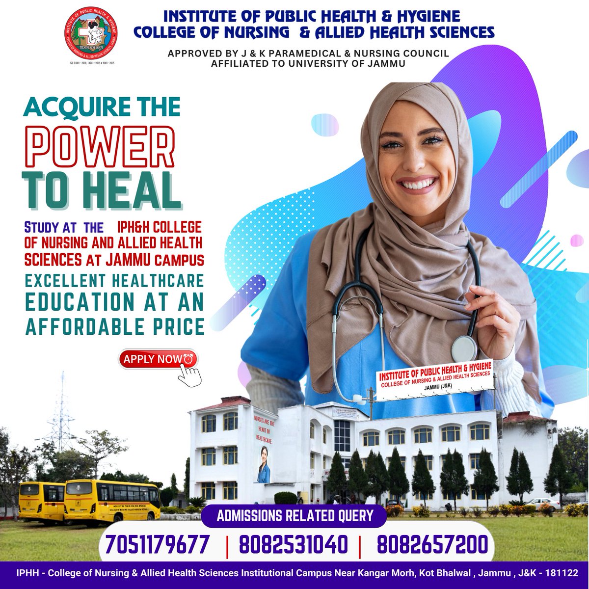Welcome to  IPH&H- College of Nursing & Allied Health Sciences, Jammu  (India) 🔸An Institution with a glorious past of 48 years 🔸Recognised  by J&K State Para-Medical Council and Affiliated to the University of Jammu  iphhnursingcollegejammu.org/online-apply-j…
 7051179677 / 8082531040/ 8082657200