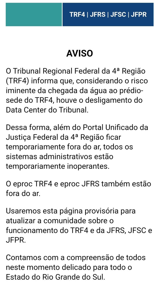 Vocês tem noção que a Justiça Federal, na jurisdição do sul INTEIRO, está fora do ar? Quem acessar o site do TRF agora vê essa página:
