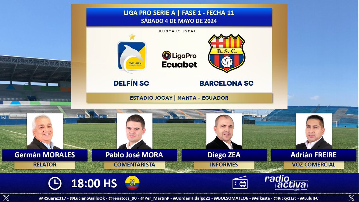 ⚽ #LigaProEcuabet 🇪🇨 | #Delfín vs. #BarcelonaSC 🎙 Relator: @geramocam 🎙 Comentarista: @pablojmora 📋 Informes: @DiegoZeaV 🎙 Voz comercial: @adrianfreire_ec 📻 @radioactiva_ec 🤳 #Radioactiva Dale RT 🔃