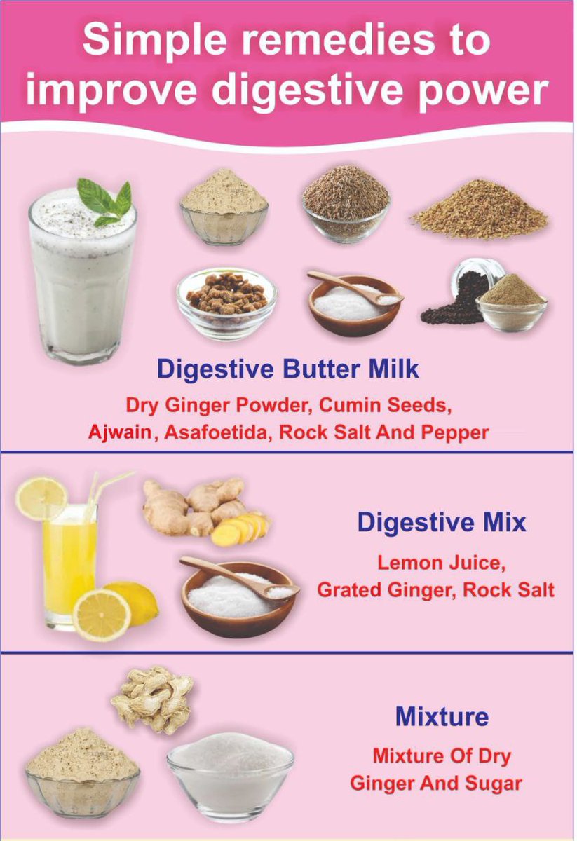 Simple remedies to improve digestive power ! 

1. Digestive butter milk 
Take one glass of sweet fresh butter milk, add one pinch each of dry ginger powder, cumin seeds, thymol seeds, asafoetida, rock salt and pepper to it, mix it properly and consume it 2 or 3 times in a day.…