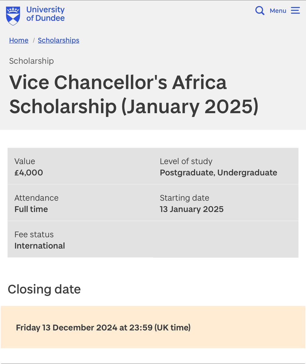 STUDY IN THE UK FOR FREE FOR AFRICAN STUDENTS £4,000 per year of study – up to a maximum value of £20,000 + living costs to all its beneficiaries Deadline: December 13, 2024 Want to work with me? I will guide you to apply for 3 scholarships. DM for terms
