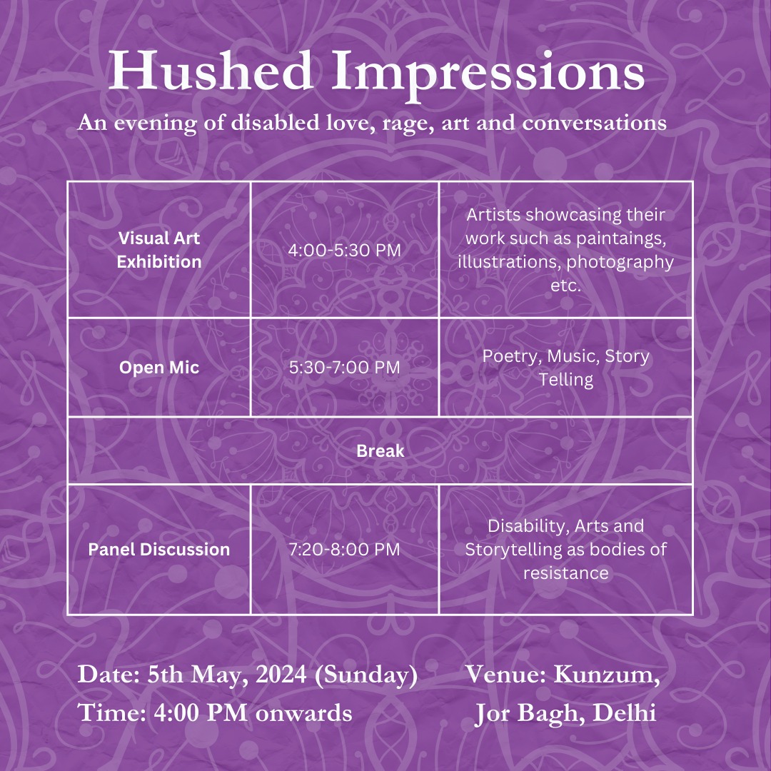 Dear Believers, The wait is over! Here's the event flow of 'Hushed Impressions', happening on 5th May at Kunzum Jor Bagh, Delhi from 4 PM onwards. Let's enjoy the evening dedicated to celebrating disabled love, rage, art & conversations. Register now - forms.gle/yTeg3ytPMoRGar…