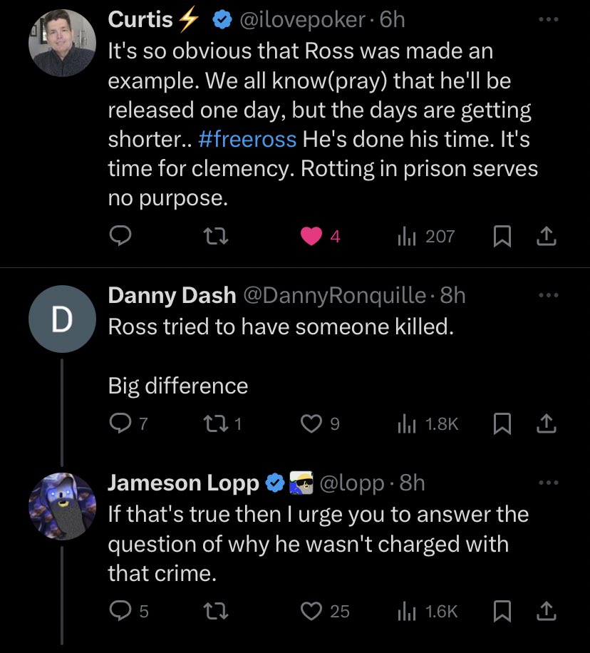 The whole “Ross put out hits, he deserves life” groupthink is stupid. Curtis is literally one of the guys Ross “put out a hit” on, yet he’s advocating for Ulbricht’s freedom. #freeross
