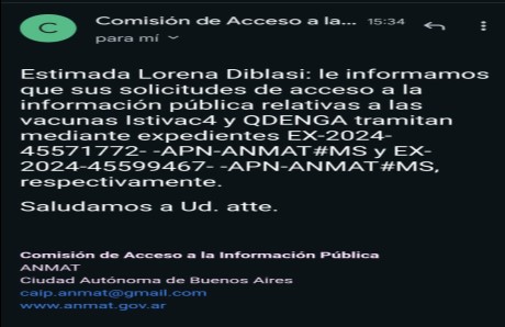 Part 3: first part: On this day, May 3, 2024, a request for public information (Law 27275) was presented to INAME-ANMAT on the quality control of the Qdenga 'vaccines' from Takeda laboratories and ISTIVAC4 from Sanofi laboratories Pasteur. Response time: 15 days.