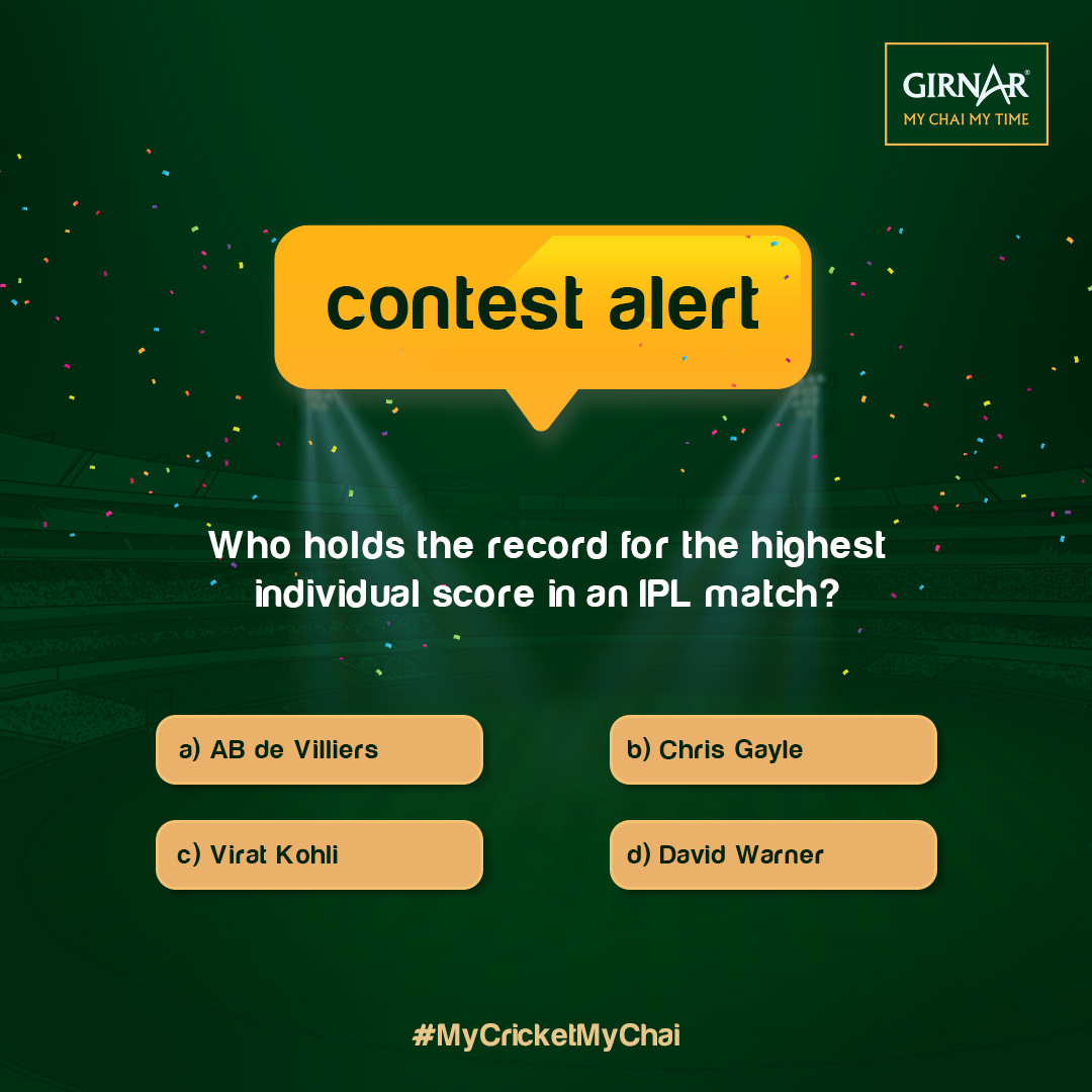 #MyCricketMyChai contest is here! Use #MyCricketMyChaiAnswer the contest question correctly Share the post on your story, tagging us Tag two cricket-loving friends in the comments Participate in all upcoming contests Follow @teasatgirnar  2 lucky winners win exciting prizes.