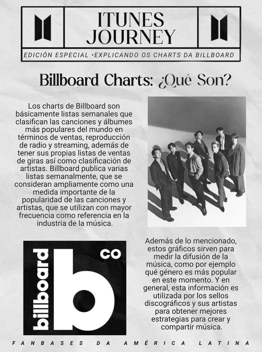 📌| 𝐂𝐇𝐀𝐑𝐓𝐒 𝐃𝐄 𝐁𝐈𝐋𝐋𝐁𝐎𝐀𝐑𝐃: ¿CÓMO 𝗙𝗨𝗡𝗖𝗜𝗢𝗡𝗔N? Gracias a @BTSOniTunesBR por preparar la edición especial de iTunes Journey en la cual se ha reunido y simplificado información que te ayudará a comprender mejor los charts de Billboard