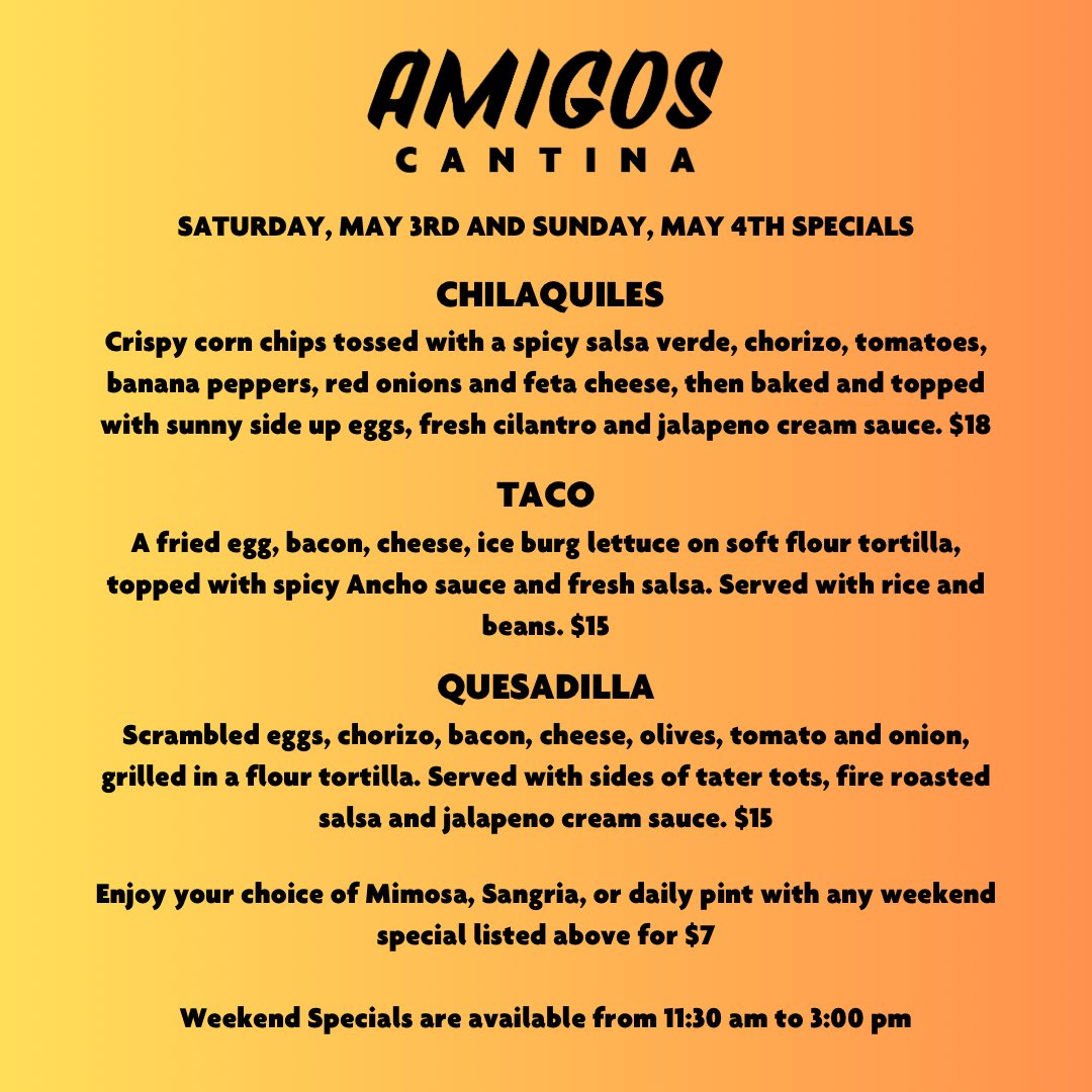 Check out our weekend specials! Available Saturday and Sunday between 11:30am to 3pm (while quantities last). Our full menu is also available for dine-in and takeout! Check it out at amigoscantina.com/dining 806 Dufferin Ave — 306-652-4912
