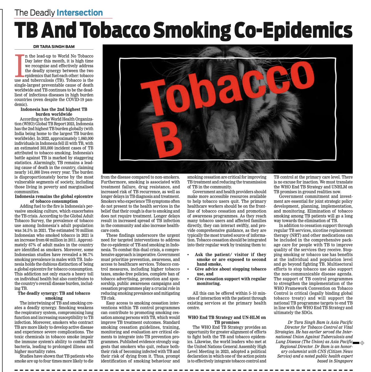 #PublishedToday | #Indonesia has 2nd highest #TB burden globally. Its pervasive #tobacco #smoking culture exacerbates the TB crisis

#publichealth expert @bam_tara ✍️

✅Daily GM Kashmir
epaper.dailygoodmorningkashmir.com/epaper/edition…

✅ CNS
citizen-news.org/2024/05/the-de…

#endTobacco #endsmoking #endTB #SDGs