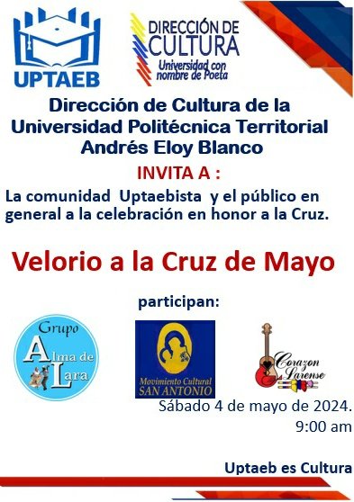 CUptaeb's tweet image. En el mes de Mayo florece
la Santa Cruz de madera
que en el campo se venera
con flores que no fenecen
cuando ésta fiesta comience
con cantos y oraciones
de bailes y procesiones
la veneramos con fe
porque aquí en la #UPTAEB
se siguen las tradiciones

Joseph López
#UptaebEsCultura