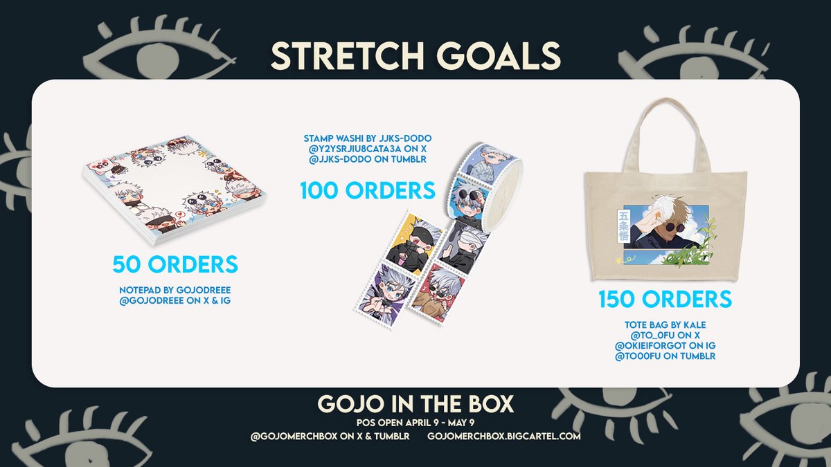 💙✨ 3RD STRETCH GOAL UNLOCKED ✨💙 Thanks to your support, we've unlocked our last stretch goal, a gorgeous past arc Gojo tote bag by @t0o_fu 🥳 Gentle reminder that pre-orrders close in 5 days so grab your Gojo merch box todayyyy 🏃‍♀️