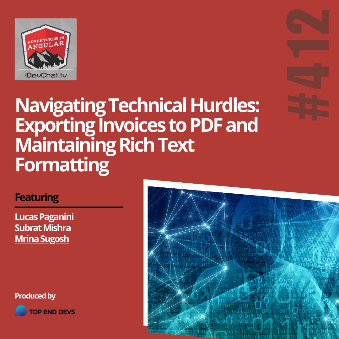 angularpodcast's tweet image. Check out this week's episode of #AdventuresinAngular with Mrina Sugosh
#AiA: Navigating Technical Hurdles: Exporting Invoices to PDF and Maintaining Rich Text Formatting
rfr.bz/tlai014
