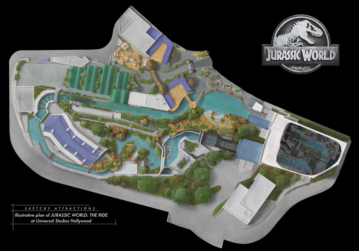 Using what I could find from the internet, I made this illustrative plan of Jurassic World at Universal Studios Hollywood. Do you prefer Jurassic World or the original Jurassic Park attraction?? #jurassicworld #universalstudios #jurassicpark #themepark #ush