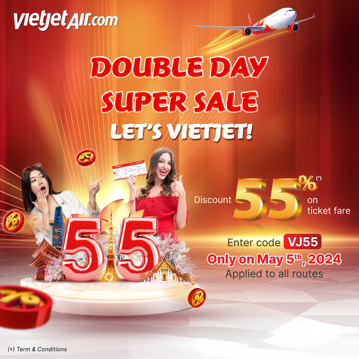 🎉 Double day, Vietjet 55% off sale! ✨ Use code VJ55* on May 5th for domestic & international flights 🗓️ From Sept 1 to Oct 31,2024. Book your ticket now: bit.ly/3w9cCOE (*) T&C Apply #Vietjet #EnjoyFlying