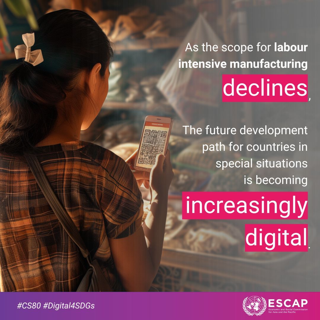 The future development path for countries in special situations is becoming increasingly digital, as the scope for labour intensive manufacturing declines.  

Automation and #DigitalTech are changing the game. 🚀💻

See more: buff.ly/3QjZj4O 

 #Digital4SDGs #CS80