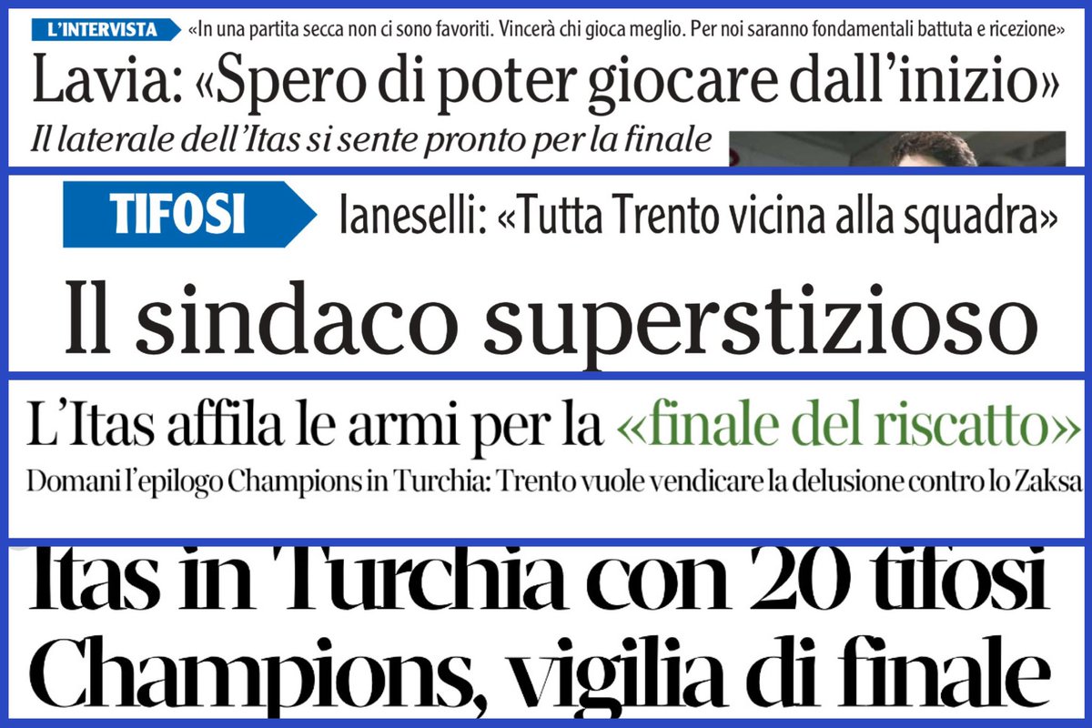 🗞 | RASSEGNA STAMPA
➖
I titoli dei quotidiani locali dedicati alla #TrentinoItas maschile nella giornata di sabato #4maggio 2024: l’#Adige, #CorrieredelTrentino e #ilT 
➖ 
#️⃣ #trentinonelcuore