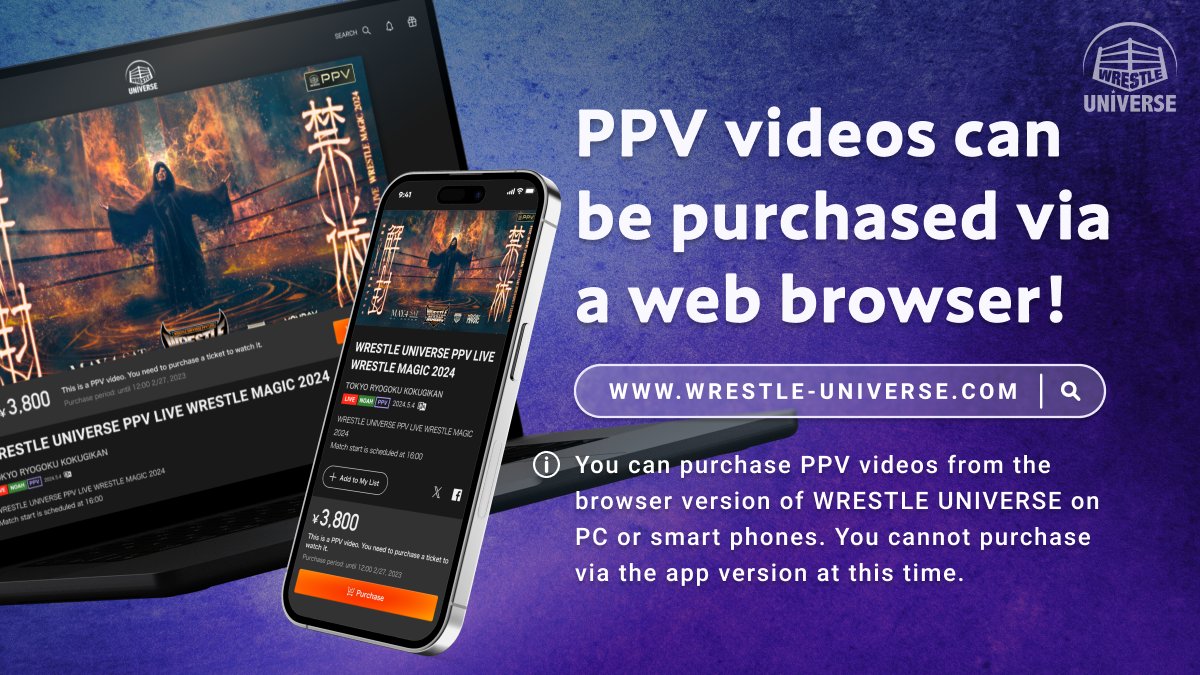 5.4 Ryogoku Kokugikan Big Match WRESTLE UNIVERSE PPV LIVE WRESTLE MAGIC 2024 PPV live on #wrestleUNIVERSE ‼️ 🔥Match starts at 4:00pm on Saturday, May 4 🔥PPV on sale now! Click here to purchase ⬇️ (web browser compatible) rd.amca.jp/1NihmNXh8ja1c8… #noah_ghc #WRESTLEMAGIC