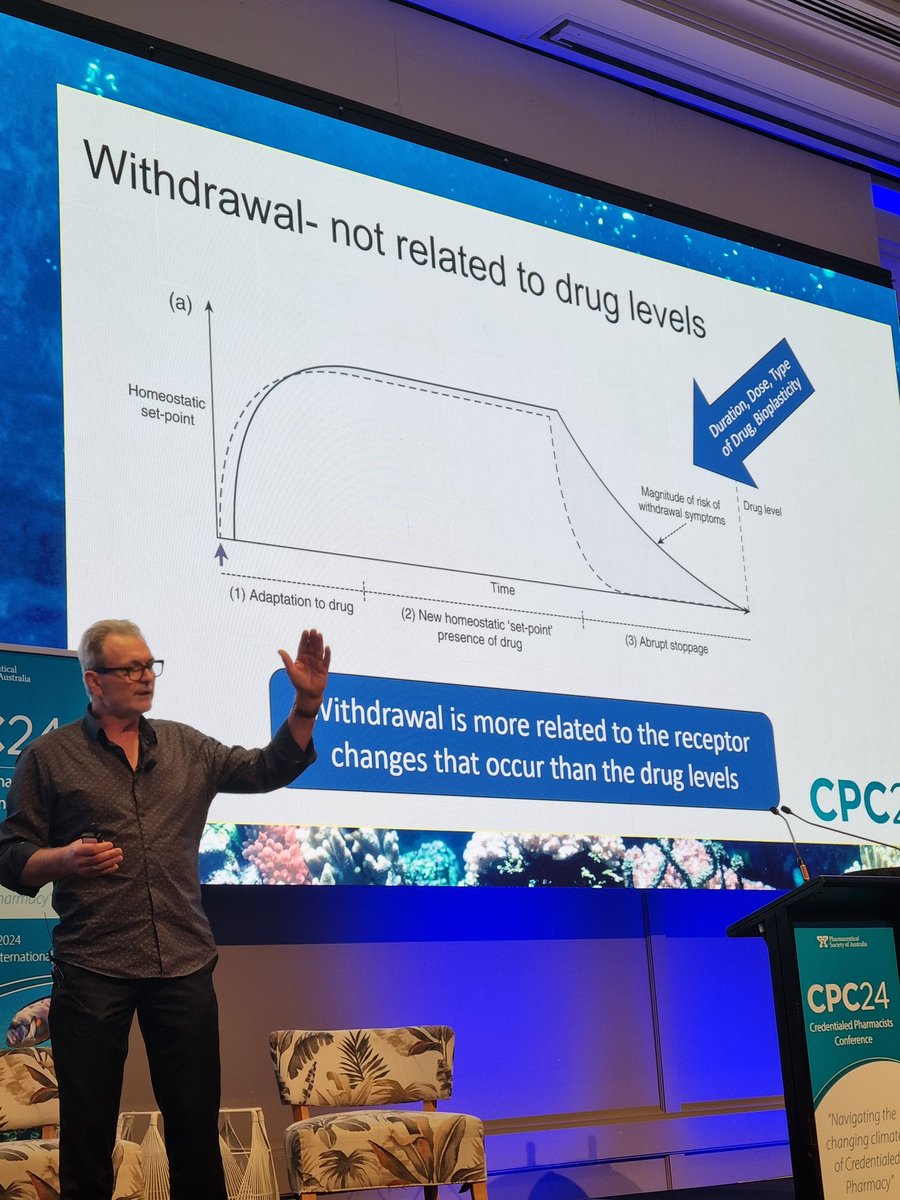 The King of Deprescribing @PeterTenni tells us it's time for us to change our thoughts on how withdrawal works. The change to the receptors hangs around after the drug is looong gone. A huge role for pharmacists going forward is sloooooooooooow tapering. @PSA_National #CPC24