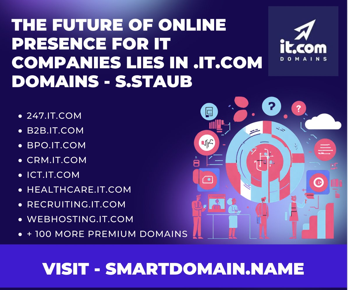 it.com Domains 🎯 🚀 
Visit - SmartDomain.name/it-com-collect…
#itcom #QuantumComputing #Recruitment #Robotics #Silicon #SoftwareDevelopment #SpatialComputing #SysAdmin #Technologies #TechSolutions #WebDevelopment #WebHosting #WebSecurity #WiFi