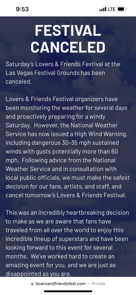 The Lovers and Friends Festival has been canceled because of expected wind @KTNV