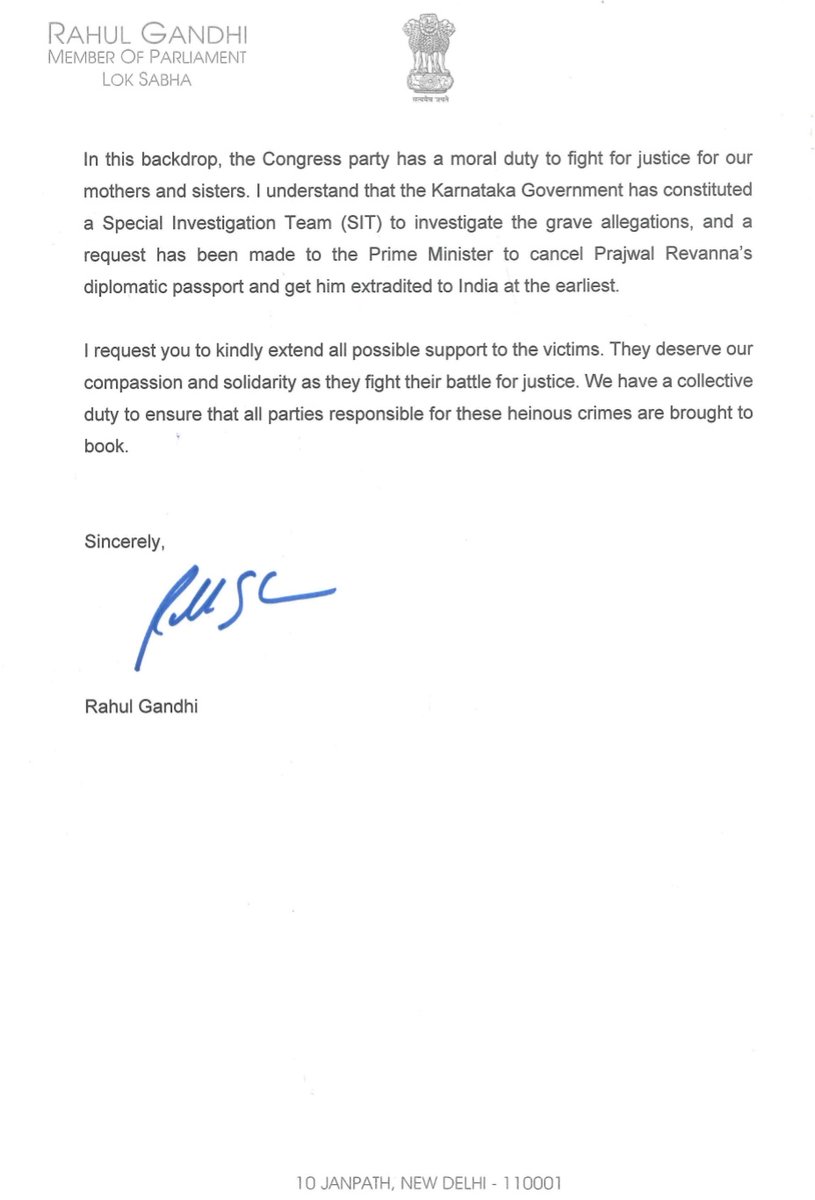 The recent case involving Prajwal Revanna has deeply disturbed the nation. Upholding justice for the victims is crucial for maintaining faith in our legal system. Shri @RahulGandhi has written a letter, emphasizing support for the victims. We are committed to providing all…