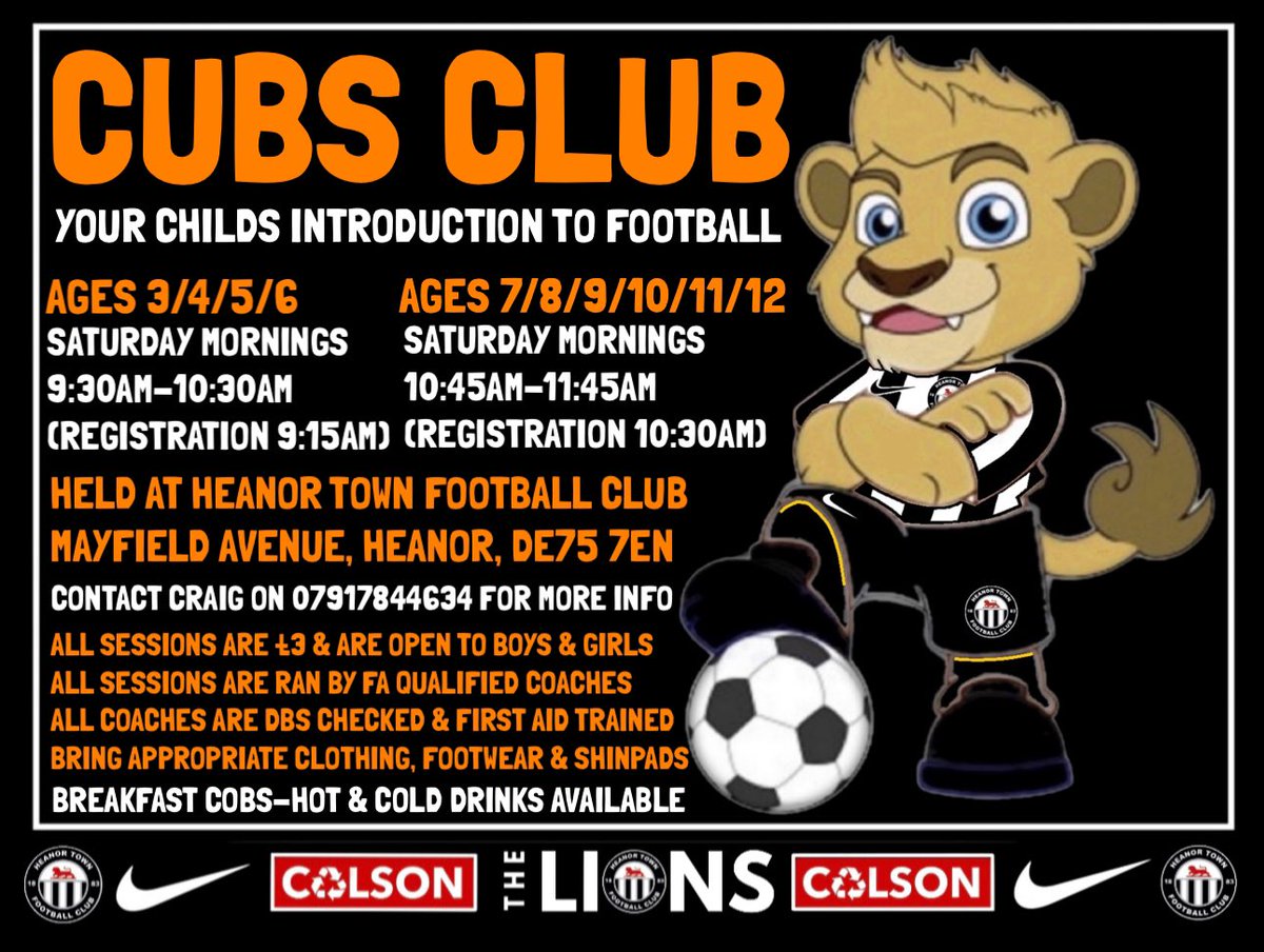 🦁⚽️CUBS CLUB⚽️🦁 Your child’s introduction to football 🦁AGES 3/4/5/6 Saturday 9:30-10:30 🦁AGES 7/8/9/10/11/12 Saturday 10:45-11:45 🦁£3 each 🦁Contact Craig on 07917 844634 for more info 🦁No need to book, just turn up 🥓🍳☕️🥤 Breakfast cobs-Hot & cold drinks available