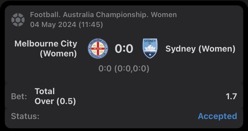 Out of last 18 match 17/18 ended with atleast 1 goal. Only last meeting was 0:0 so i think they will hit a goal.

My stats also support this. I’ll not try to be Einstein I’llgo with flow.

@MelbourneCity @SydneyFC @aleaguewomen