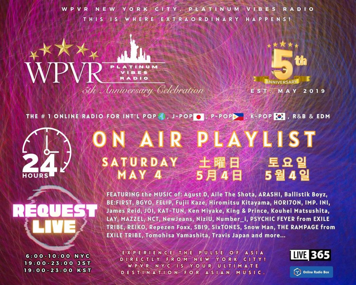 ⚡️Hey Platinum World! This is the WPVR NYC 24-hour playlist for Saturday, May 4, 2024. Thank you as always for listening! / PVRワールドの皆さん！5月4日 (土曜日）のWPVR NYC 24時間プレイリストです。いつもお聴きいただきありがとうございます！/ 5월4일 (토요일) WPVR NYC 24시간…