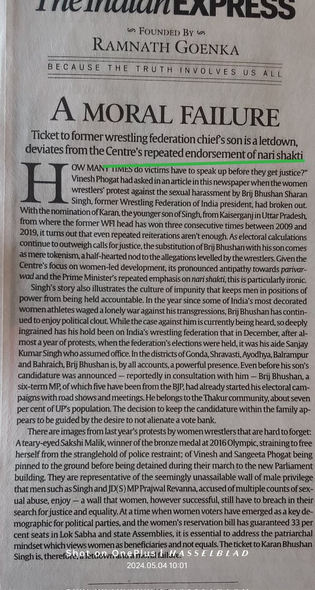 Is the Editor of @IndianExpress, a fraud ? 😞 

There's ZERO evidence of Centre doing anything other than paying a lip service to Nari Shakti.

Also, there's ZERO evidence of Modi's politics being anywhere near 'moral'.

Yet, this gentleman chose to write a fraud Editorial.