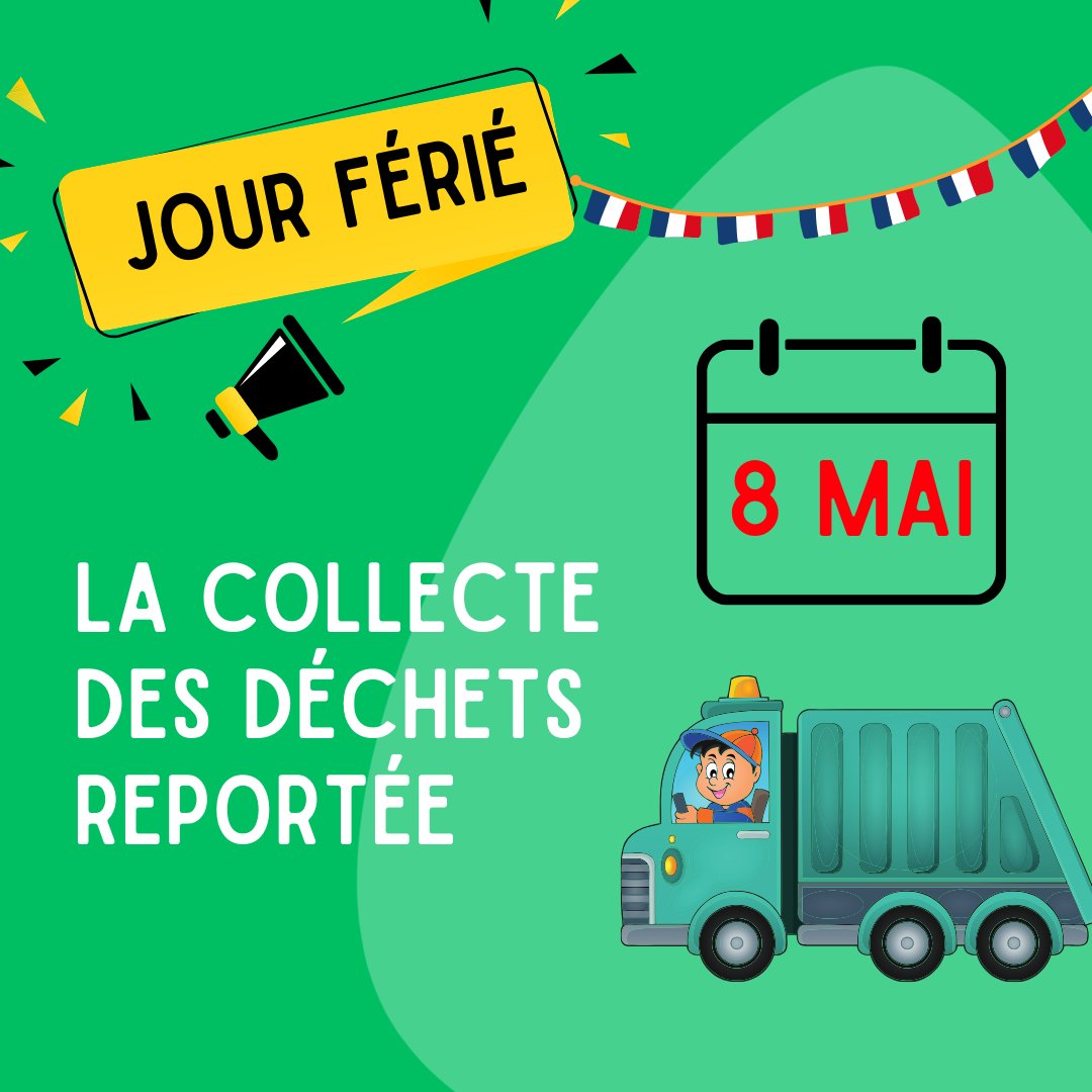 En raison du jour férié du mercredi 8 mai 2024, la collecte des déchets sera reportée. Attention : le service de collecte sera exceptionnellement assuré le lendemain jeudi 9 mai, jour férié ou le vendredi. rodezagglo.fr/informations-p…