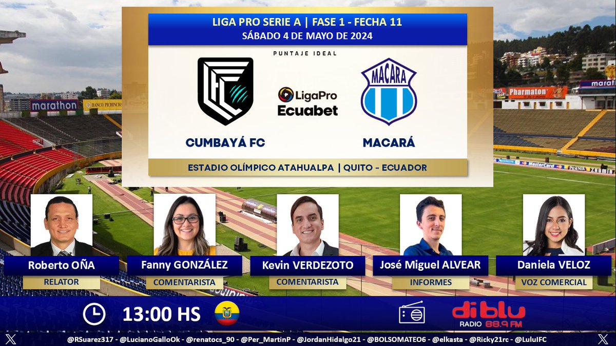 ⚽ #LigaProEcuabet 🇪🇨 | #Cumbayá vs. #Macará 🎙 Relator: @robertoonar 🎙 Comentaristas: @FannyGonzalezV - @KVerdezoto17 📋 Informes: @jmalvearc 🎙 Voz comercial: @Chinavelozb 📻 @RadioDibluFM 🤳 #MundoDiblu Dale RT 🔃