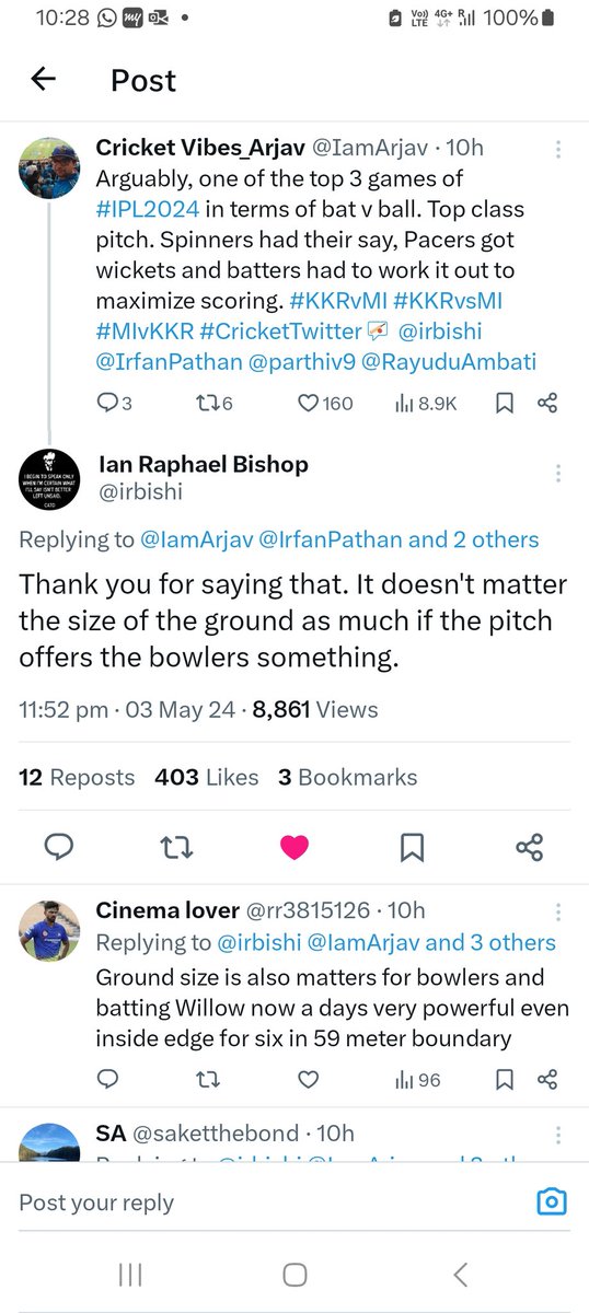 IamArjav's tweet image. There can bot be a bigger recognition then a premium fast bowler and an elite commentator validates and replied to your views. Thank you, @irbishi #MIvKKR #KKRvsMI #KKRvMI #CricketTwitter #IPLONSTAR