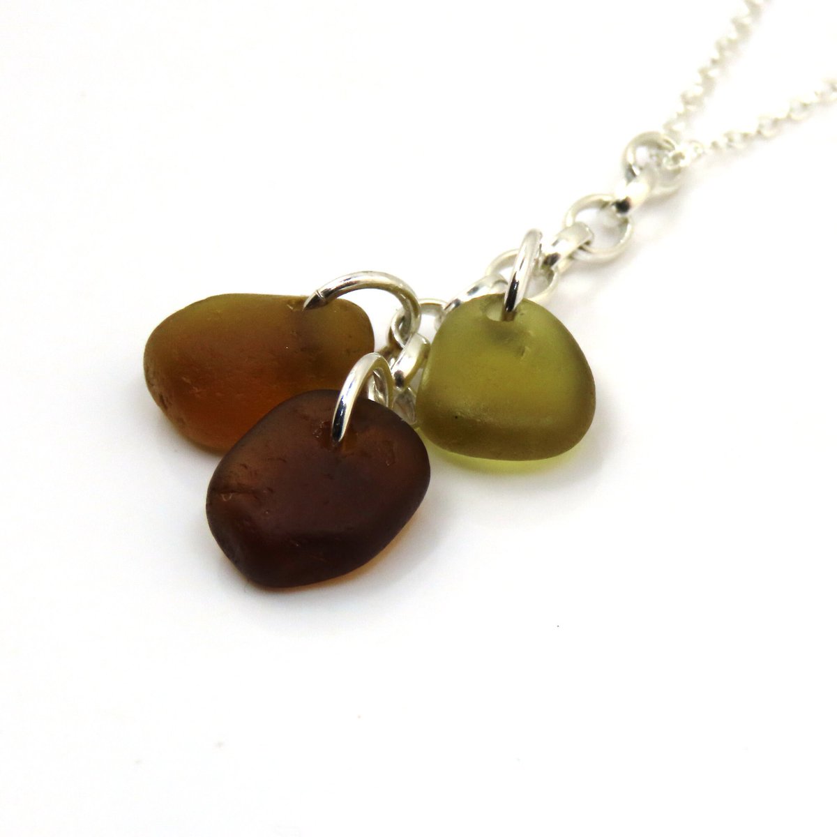 Sea Glass Trio Necklace, GENUINE, Pendant Necklace, Citron, Peridot and Caramel Sea Glass Cluster Necklace, Autumnal Colours tuppu.net/dadb211e #shopindie #UKGiftAM #EarlyBiz #MHHSBD #craftbizparty #UKGiftHour #HandmadeHour #womaninbizhour
