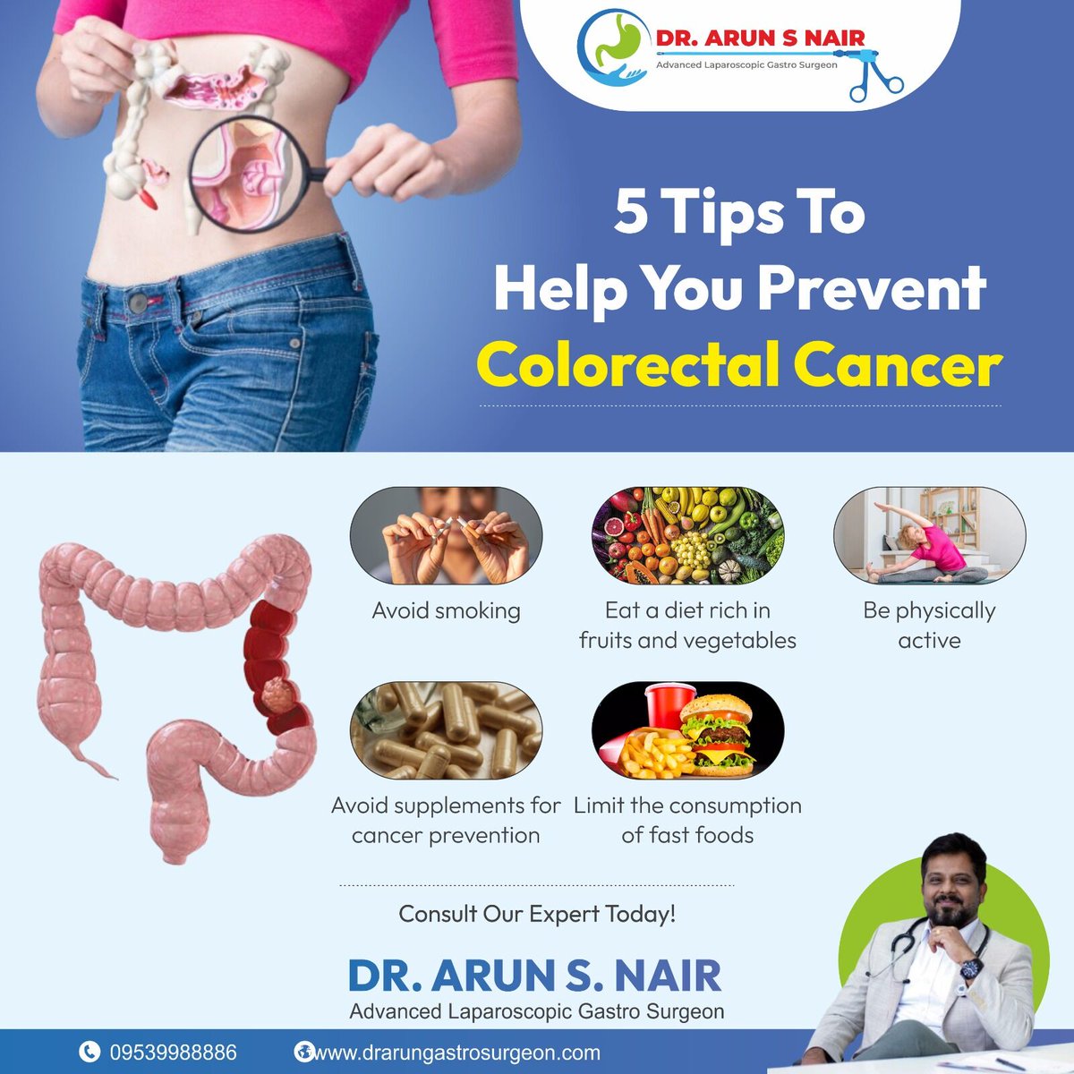 Boost your health against colorectal cancer! Quit smoking, eat natural, stay active, avoid fast food, and consult our experts for personalized guidance

#drarunnair #gastroentrologist #kerala #thrissur #Healthcare #ColorectalCancerPrevention #HealthyLiving #ExpertAdvice