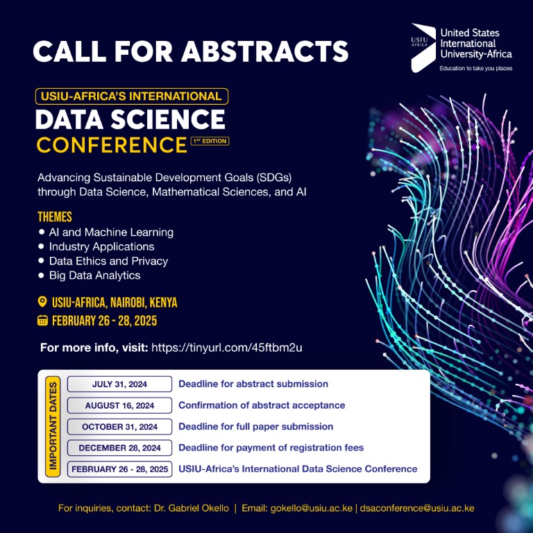 CALL FOR ABSTRACTS!

Are you passionate about data science? Want to showcase your research to a global audience? Here's your chance to share your groundbreaking research, innovative projects, and insights with the global data community at the USIU-Africa INTERNATIONAL DATA…