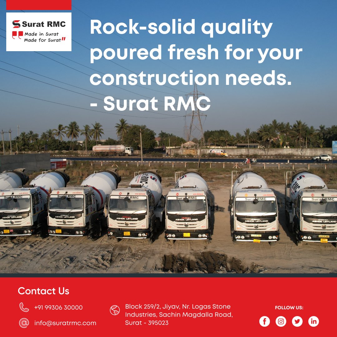 From foundations to skyscrapers, Surat RMC pours rock-solid quality for your construction needs. 

#ConcreteSolutions #BuildingMaterials #ConstructionLife #Infrastructure #BuildersChoice #StrongFoundations #ConstructionIndustry #ConcreteJungle #ReliableSupplier #SuratRMC