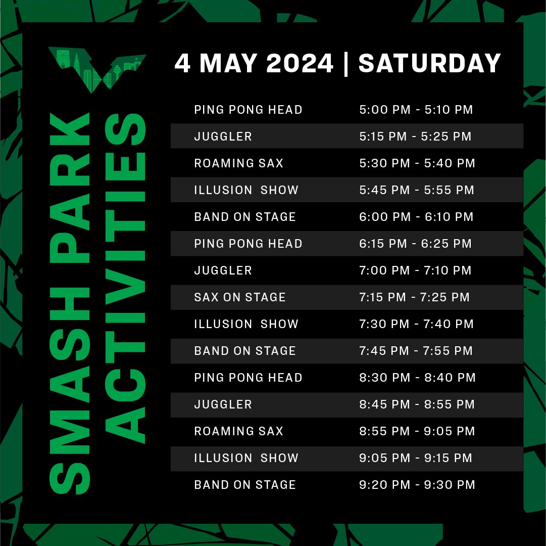 Here's the full line-up of fun going down at the #SaudiSmash Park today! 🤩 

You never know, your favourite #TableTennis player might make an appearance 👀 

Tickets 👉 SaudiSmash.com

#ExperienceAGrandNewLegacy #PingPong @SaudiSmash