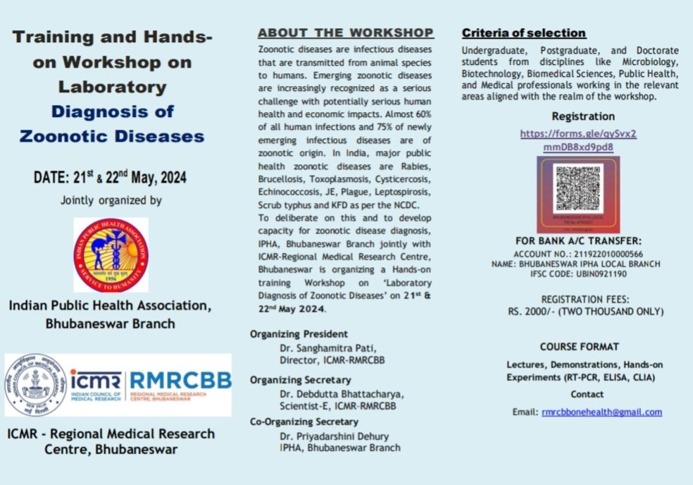 Join us for a hands-on training workshop on laboratory diagnosis of #ZoonoticDiseases , going to be organized by #IPHA Bhubaneswar & @ICMR_RMRCBBSR. New dates: May 21st & 22nd, 2024. Last chance to boost your expertise in fighting #zoonoses. Link: forms.gle/qySvx2mmDB8xd9…