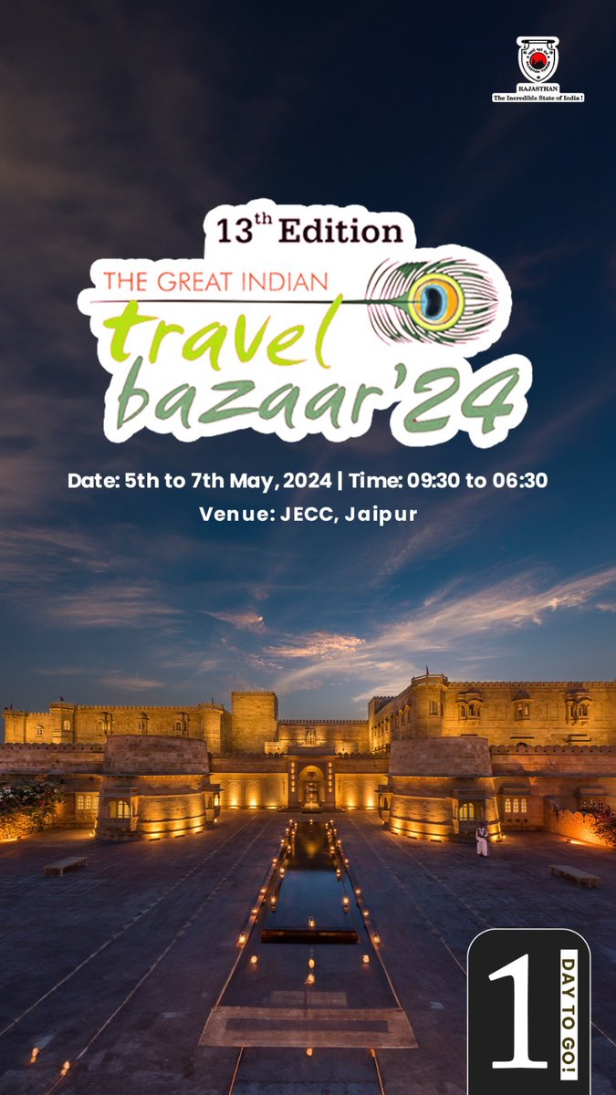 GITB 2024 promises two days of discussions and networking opportunities at the Jaipur Exhibition and Convention Centre (JECC). Register now for entry!
Only 1 Day to Go!

#GreatIndianTravelBazaar #GITB #Jaipur #ExploreRajasthan #TravelRajasthan #RajasthanTourism #Rajasthan