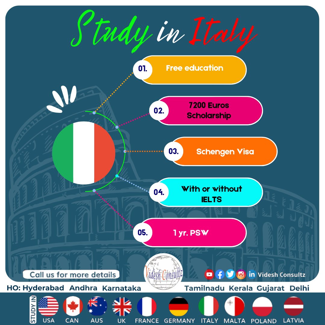 Dreaming of studying in Italy? Experience top-ranking universities, free education, and the chance to explore Europe with a Schengen visa! 

#StudyInItaly #videshconsultz #ScholarshipOpportunity #NoIELTSRequired #SchengenVisa #PSW #studyabroad #IELTSwithout #topuniversities