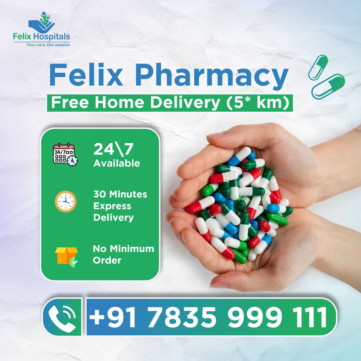 🚀 Meds at Your Door in a FLASH! 🏘️

Never worry about running out again! Your health is just a tap away.

#FelixPharmacy #InstantMedDelivery #NoWaitingRoomNeeded #medicine #homedelivery #doorstepdelivery #letsgo #noida #besthospitalinnoida #hospitalnear #HealthCheckup #everyone