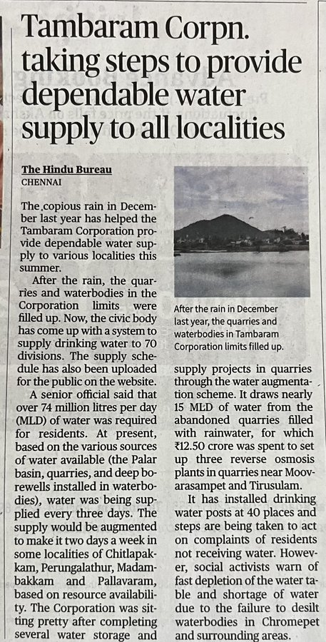 Tambaram Corporation taking steps to provide dependable water supply to all localacities (The Hindu: 4-5-2024)