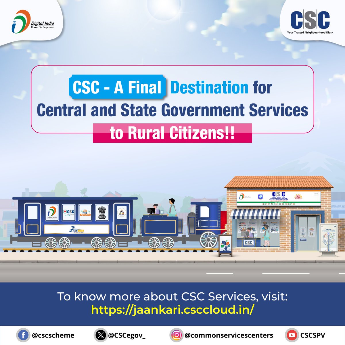 CSC - A Final Destination for all Central and State Government Services to Rural Citizens... To know more about #CSC Services, visit: jaankari.csccloud.in For any queries, call 14599 or write to helpdesk@csc.gov.in #DigitalIndia #CSCJaankariPortal #JaankariSuvidhaPortal