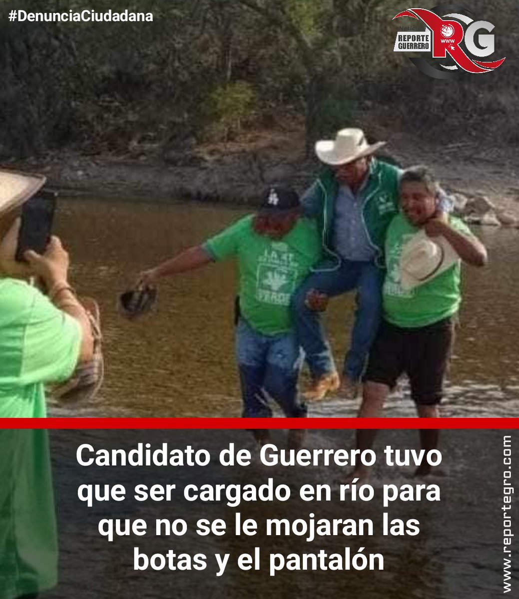 nreportegro's tweet photo. El candidato del @partidoverdemex Ecologista México (#PVEM) a la Presidencia Municipal de #Copalillo en #Guerrero, Getulio Ramírez Chino, no quiso cruzar un río caminando, por lo que dos de sus seguidores lo cargaron para que no se mojara las botas ni el pantalón https://t.co/aQZ3CghJdJ