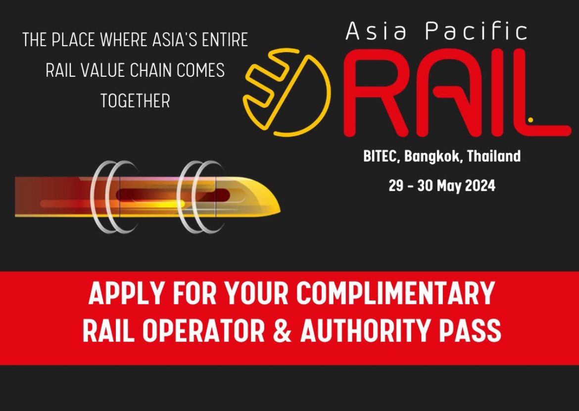 Are you from the #railindustry? Come join us in Bangkok, May 29-30, 2024 for Asia Pacific Rail 2024 @ap_rail . Claim your FREE PASS here: bit.ly/3Sn5x42

#rail #railway #railwayoperators