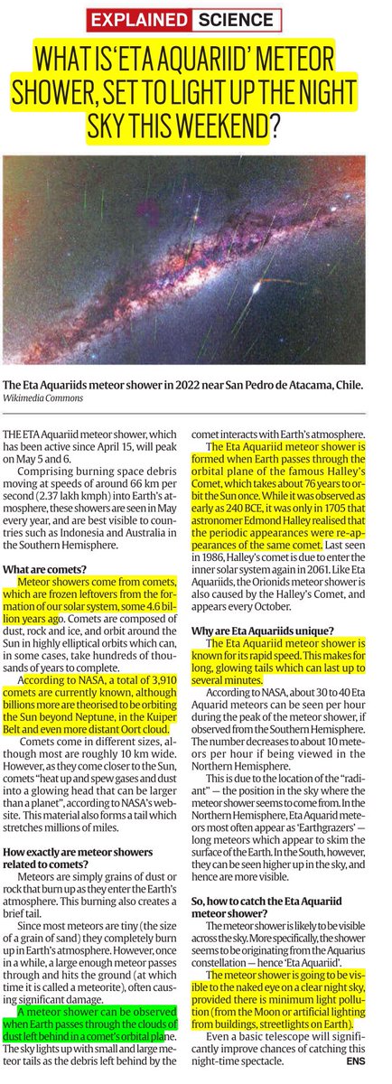Eta Aquariids meteor shower. Source: Indian express #UPSCPrelims2024