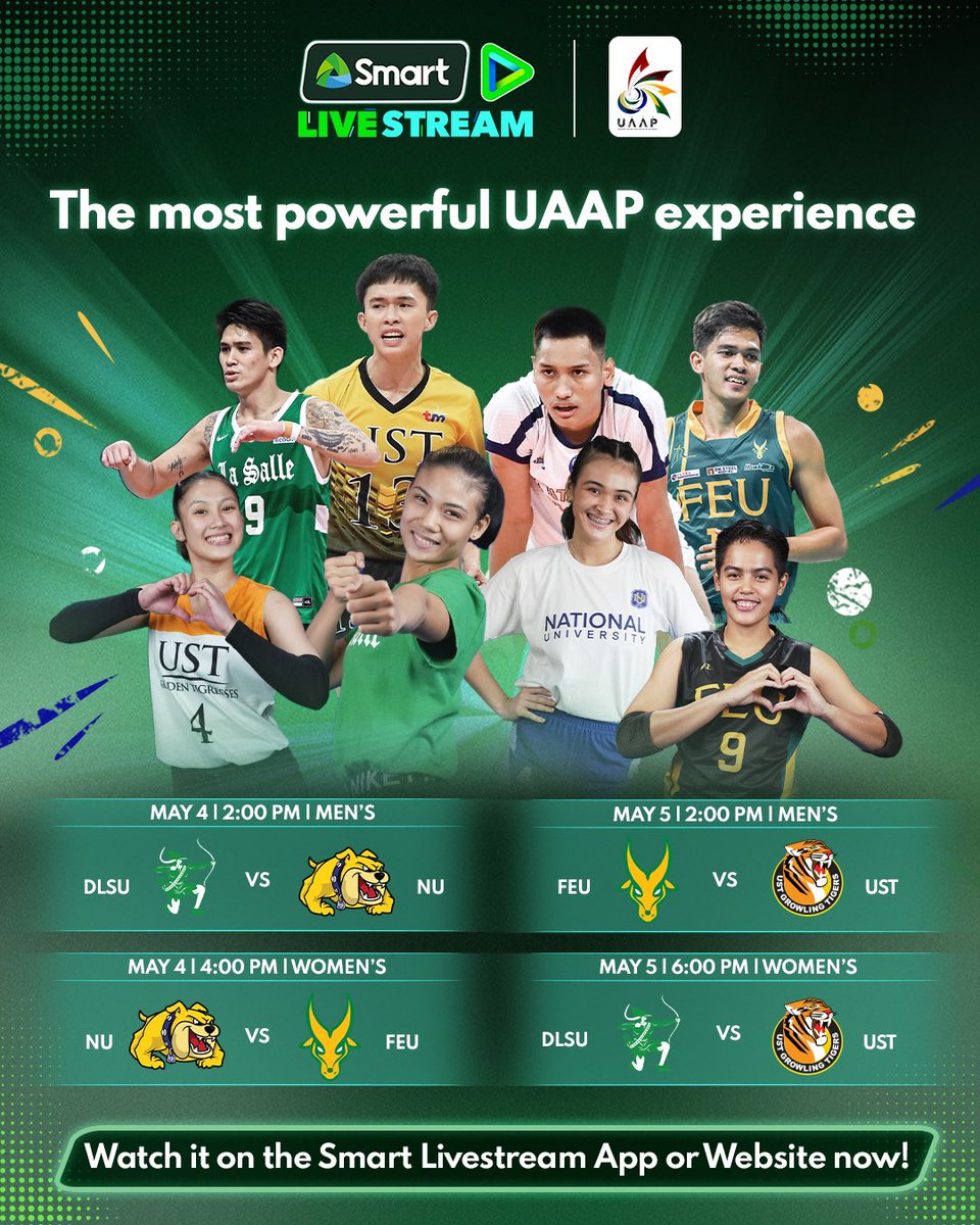 Experience the electrifying action of UAAP Volleyball's Final 4 showdown! Catch every spike, block, and dive as the top teams battle for supremacy on the court. Don't miss a moment of the intense competition and watch the games LIVE on the Smart Livestream App, now FREE for all…