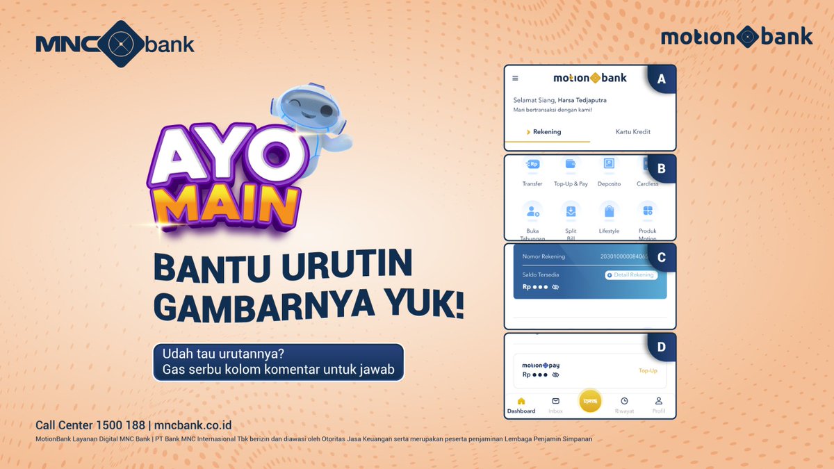 officialinews_'s tweet photo. WAH, MASIH NGACAK NIH
Bantu Moni urutin gambar dashboard MotionBank yuk, pasti yang udah sering transaksi di MotionBank lebih paham nih! Reply jawabanmu, ya~
☎️ 1500188 | https://t.co/8rgTdEuoaj
#MNCBank #MotionBnk #AyoMain
IG Story, FB Story
Tag: @officialmncbank https://t.co/rI7CSIqa1c