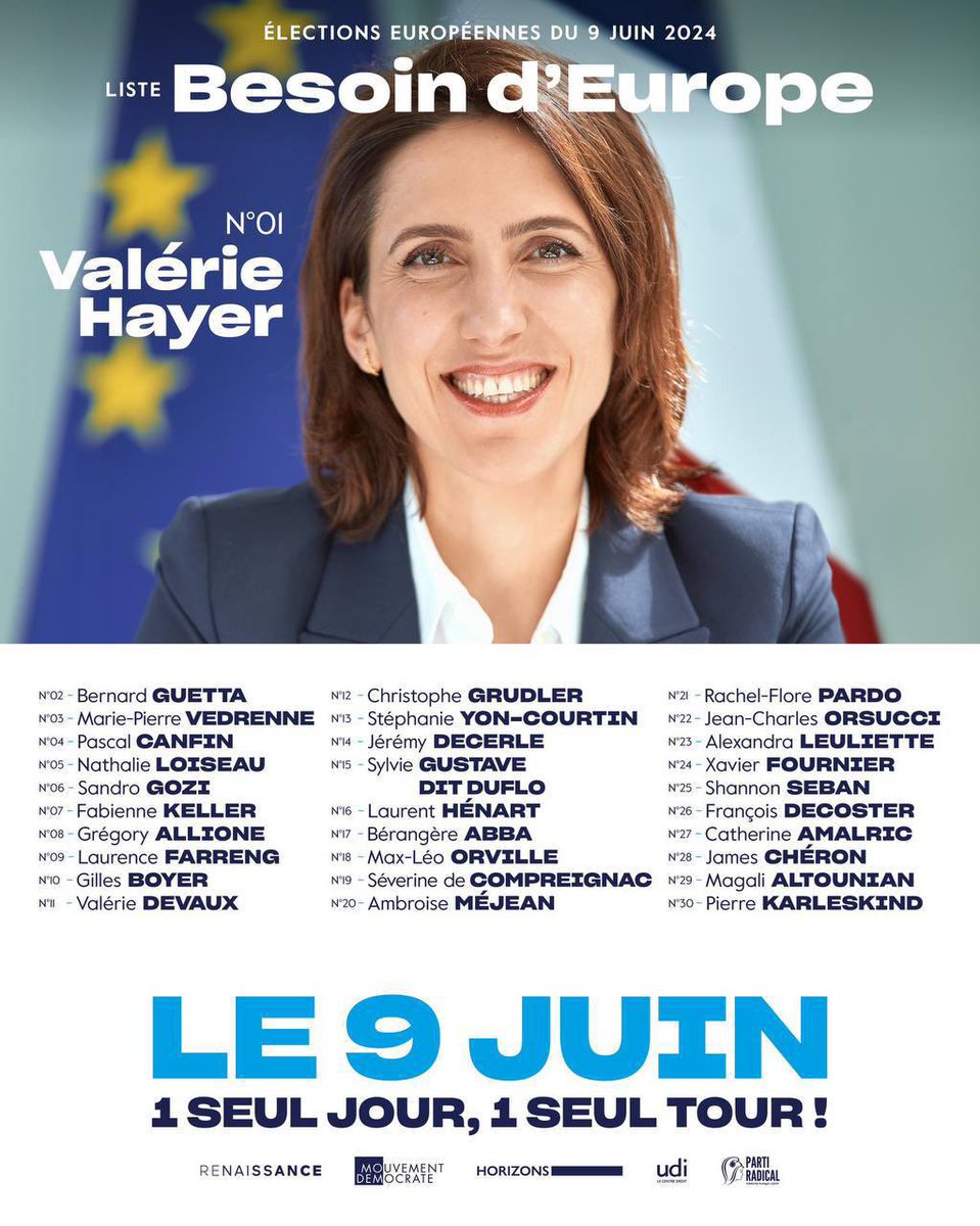 Le 9 juin, votez pour la liste @BesoindEurope menée par @ValerieHayer ! Vous élirez des parlementaires compétents, véritablement européens, divers dans leurs profils, et qui feront progresser une Union puissante, prospère et humaniste. Et faites voter autour de vous !
