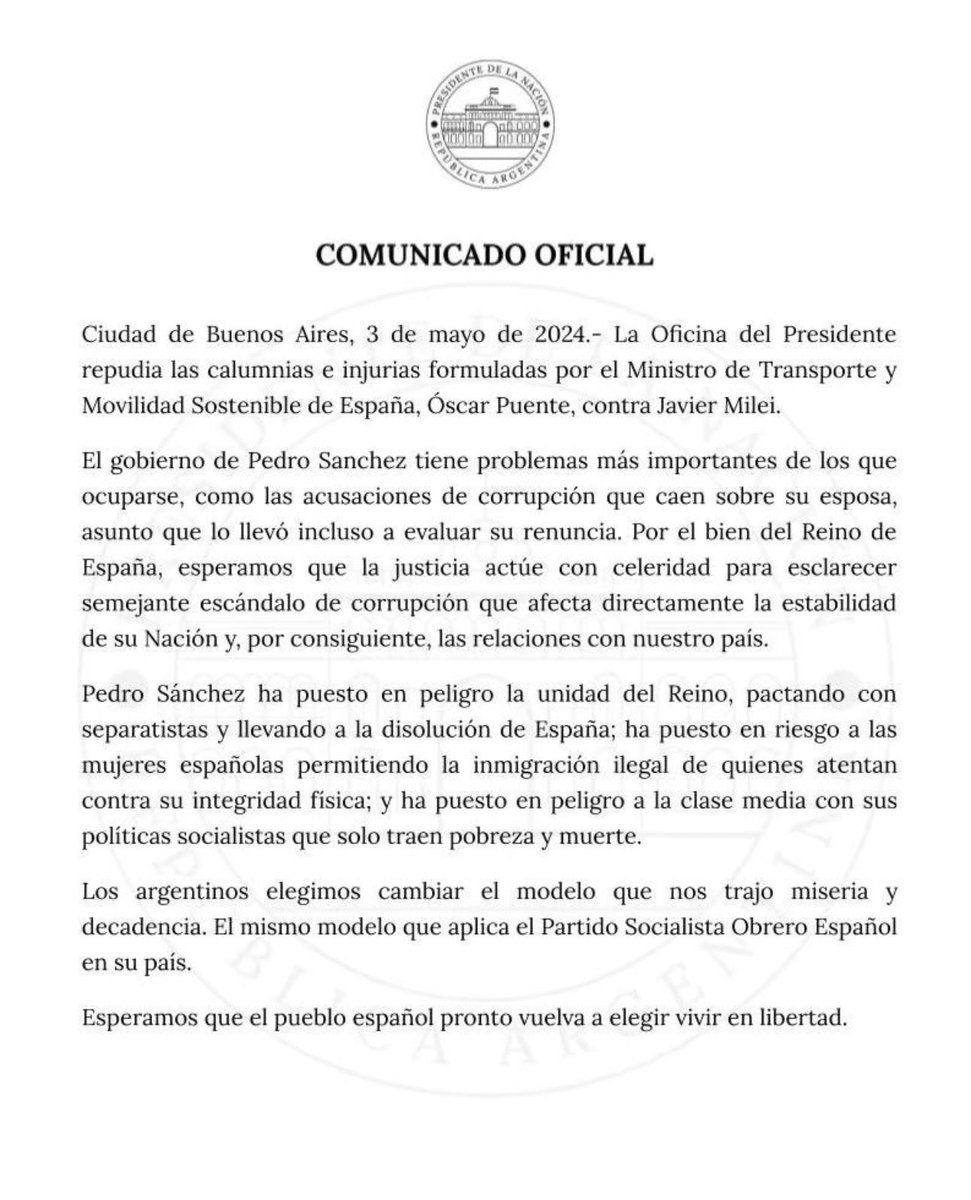 Comunicado de @JMilei  al guarro de Pedro Sánchez , así es como se le habla a un narcisista asesino y profanador de tumbas .